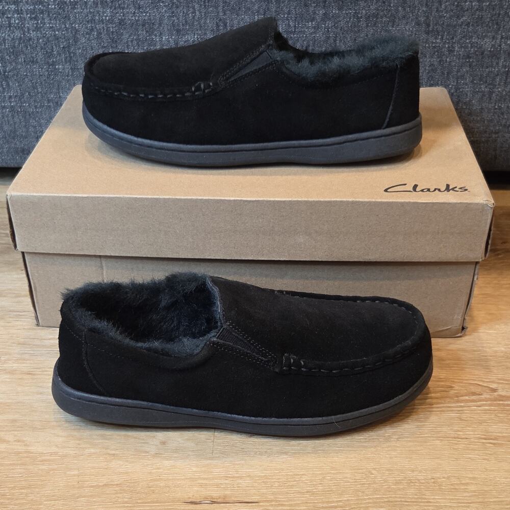 Clarks Gorstan Step Men's Black Suede Lined Slip-On Slippers US 8 M EU 41 NWOT